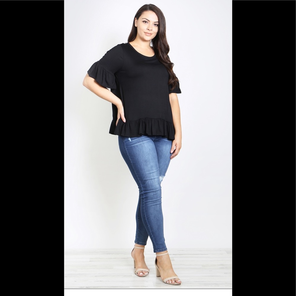 Plus Size Black Top with Ruffled Sleeves - 3 Pack